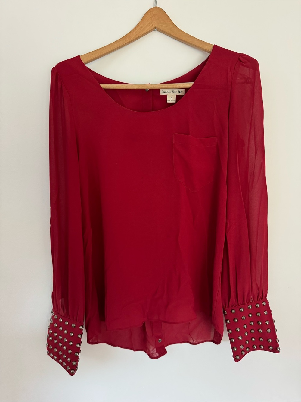 Double Zero Crimson Sheer Blouse with Studded Cuffs